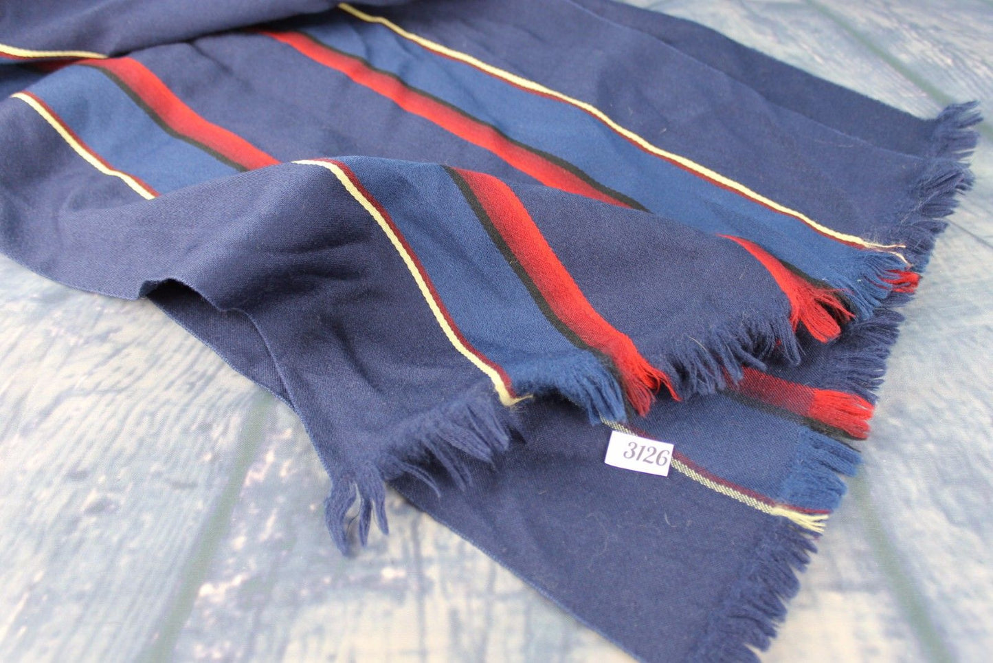 Vintage Pure Wool Striped Blue Burgundy Scarf