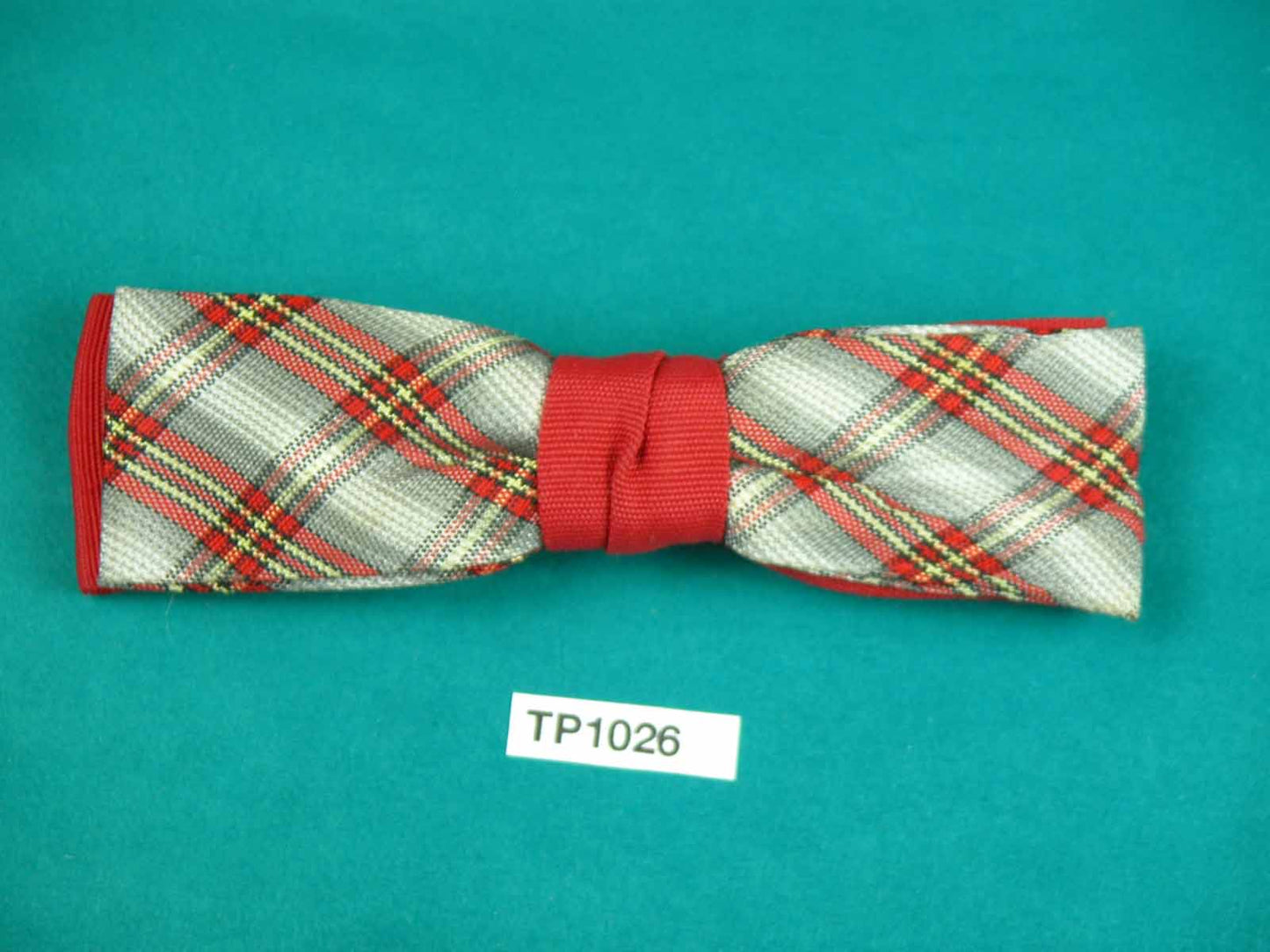 Vintage boy's red grey tartan over red double bow square end clip on bow tie