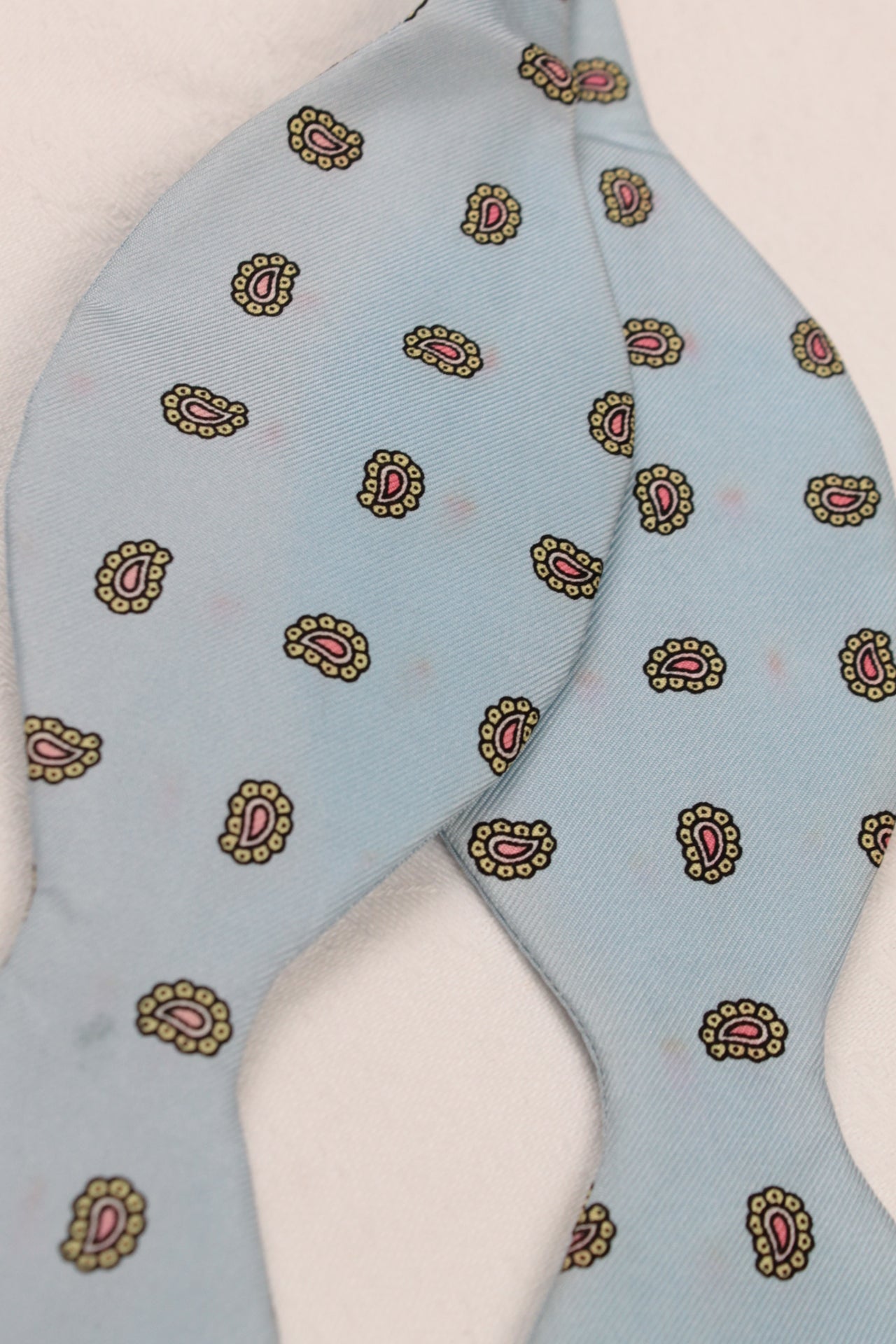 Vintage Pale Blue All Silk Deconstructed Paisley Self Tie Adjustable Thistle Bow Tie