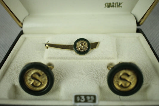 Vintage Swank Dynasty Initial S Jade & Gold Cufflink Set