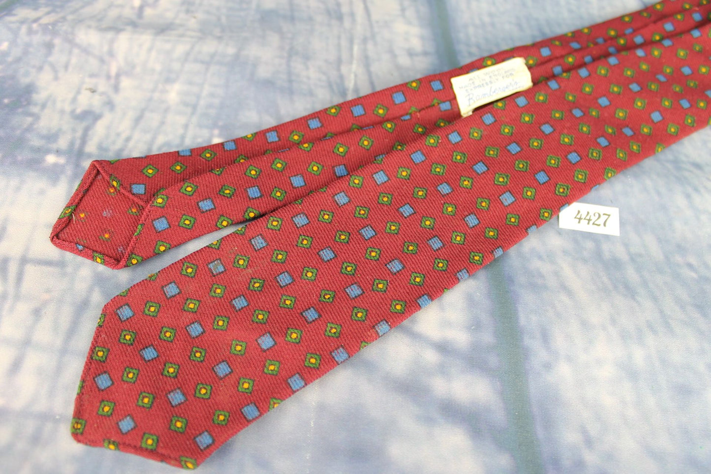 Vintage Made In England For Bambergers New Jersey Burgundy Green Blue All Wool Skinny Tie 1950s