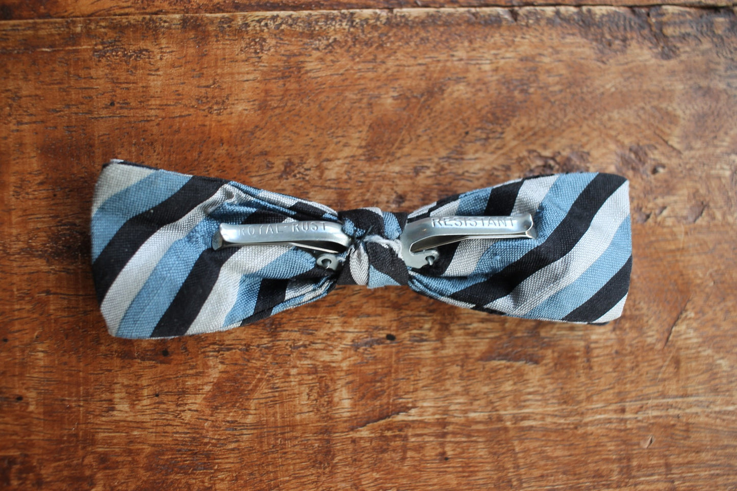 Vintage pre-tied clip on blue black silver striped bow tie