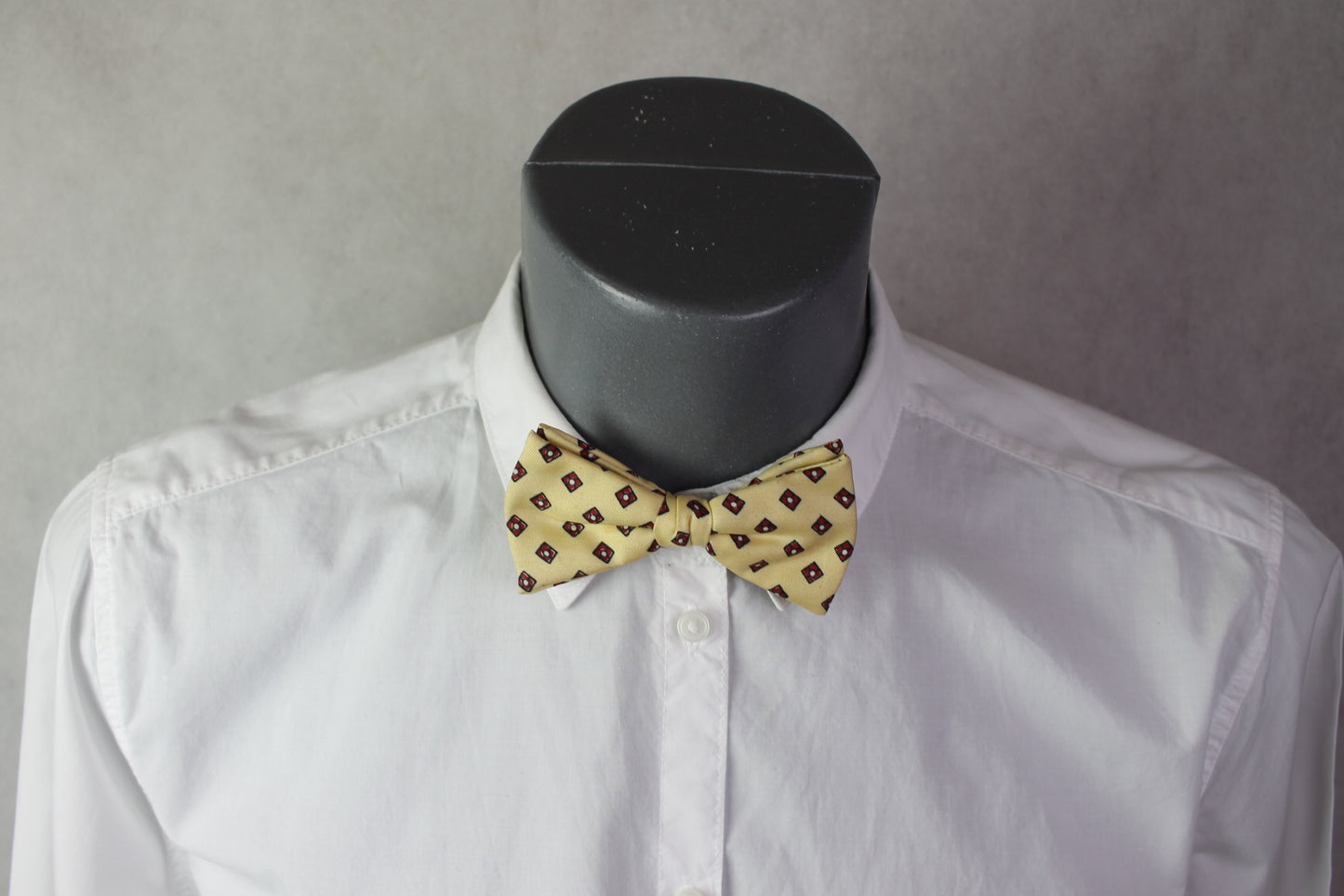 Vintage pre-tied clip on cream yellow red squares pattern bow tie