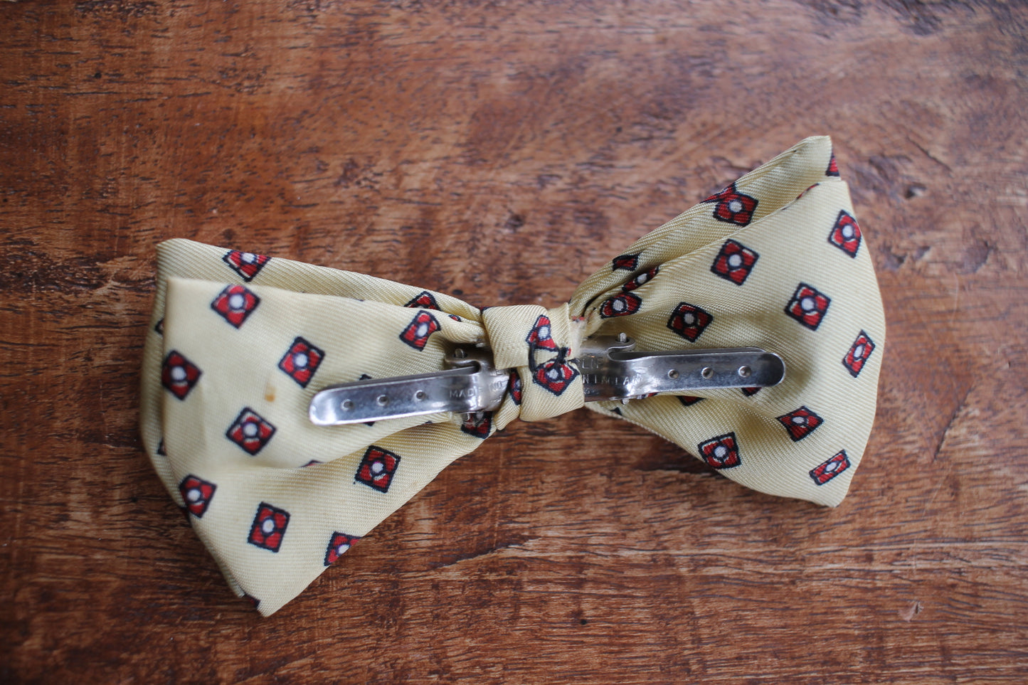 Vintage pre-tied clip on cream yellow red squares pattern bow tie