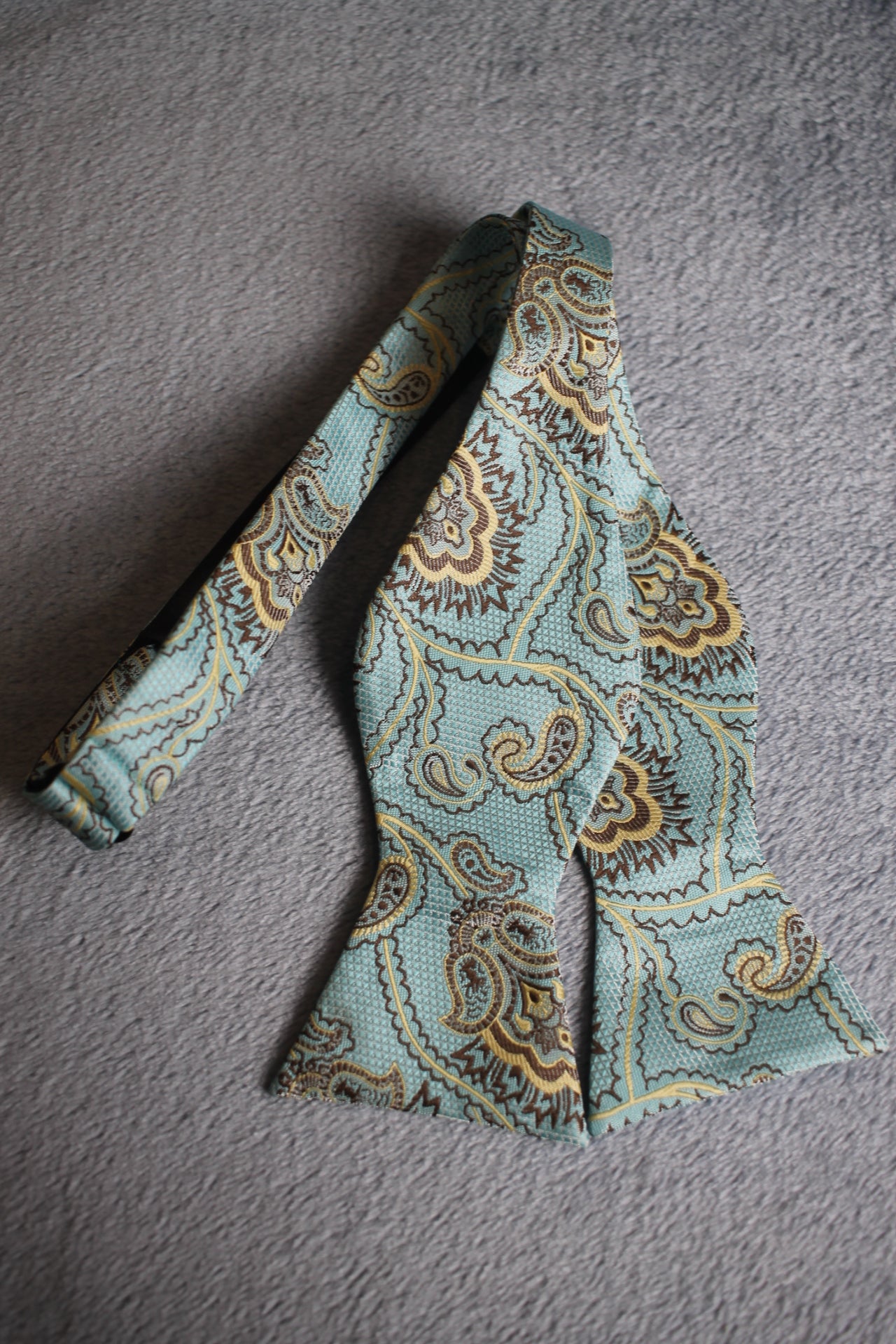 Vintage self tie thistle end light blue gold brown swirls pattern bow tie adjustable