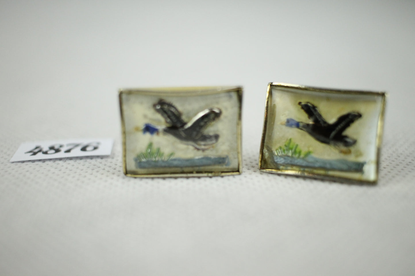 Vintage French Duck Enamel And Glass Gold Metal Push Through Cuff Links