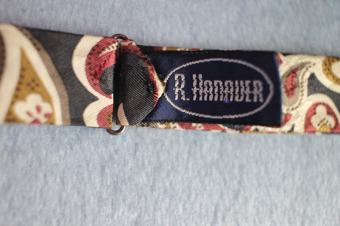 Vintage R Hanauer self tie arrow end black cream red gold pattern bow tie adjustable