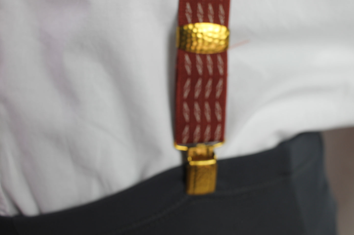 Vintage dark red white diamond pattern elasticated braces gold metal clips adjustable