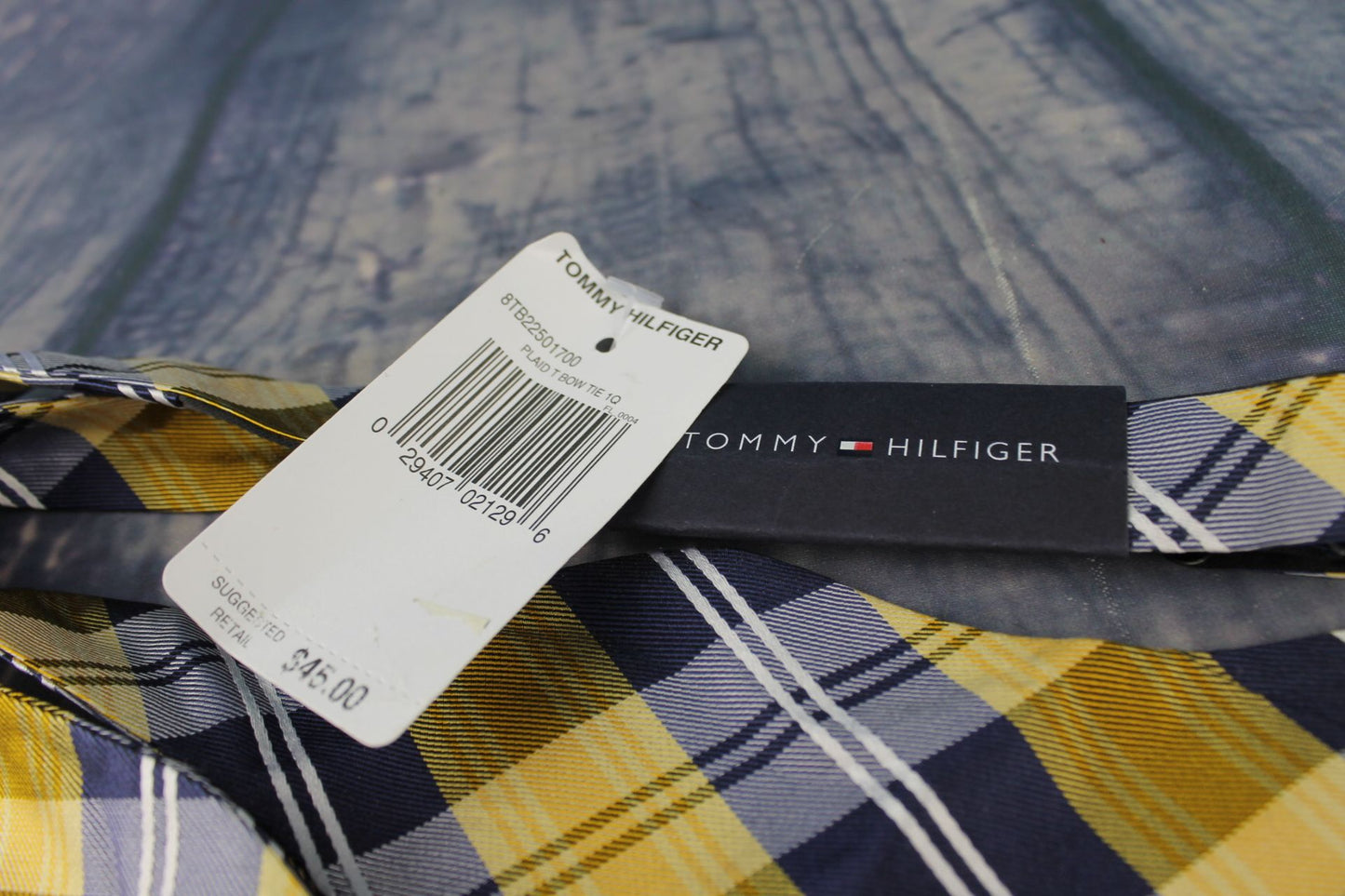 Tommy Hilfiger Navy Gold Plaid Tartan Self Tie Square End Thistle Bow Tie New With Original Tag