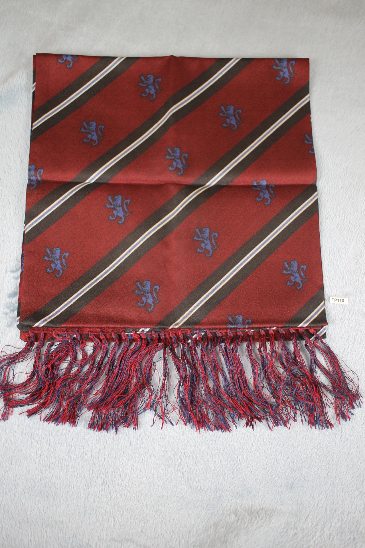 Vintage Tootal dark red blue lions motif fringed scarf retro mod