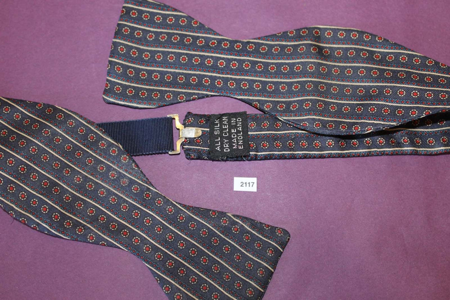 Vintage English 100% Silk Self Tie Straight End Thistle Bow Tie Navy Burgundy
