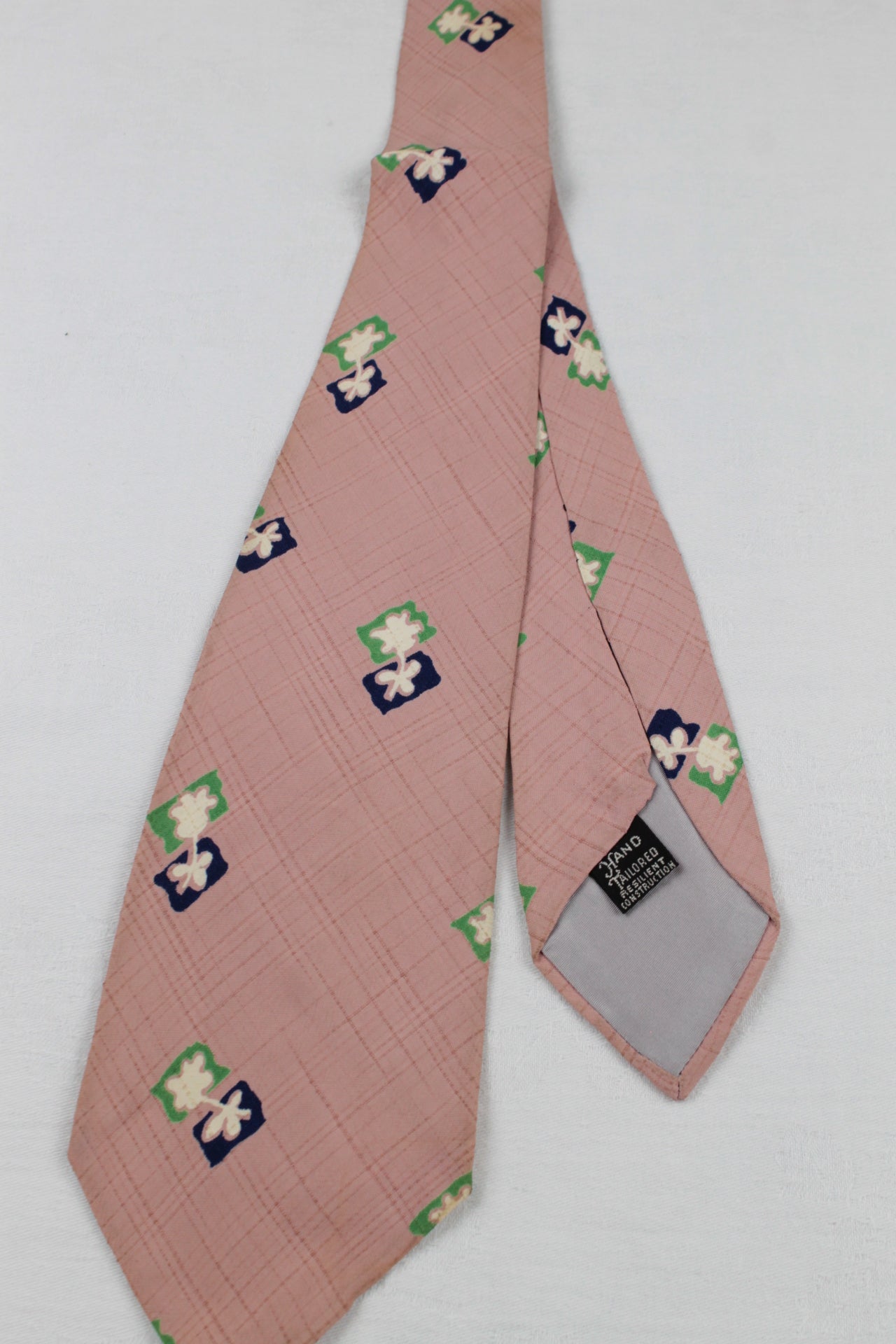 Vintage Hand Tailored Pink blue green Pattern Tie 1940s/50s