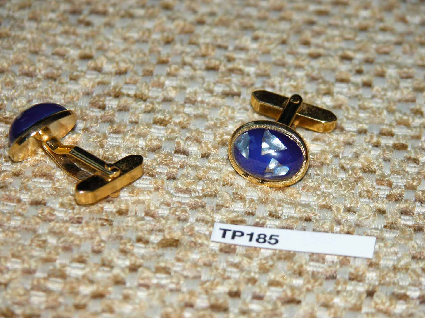 Vintage gold metal blue and pearl oval art glass stones cuff links