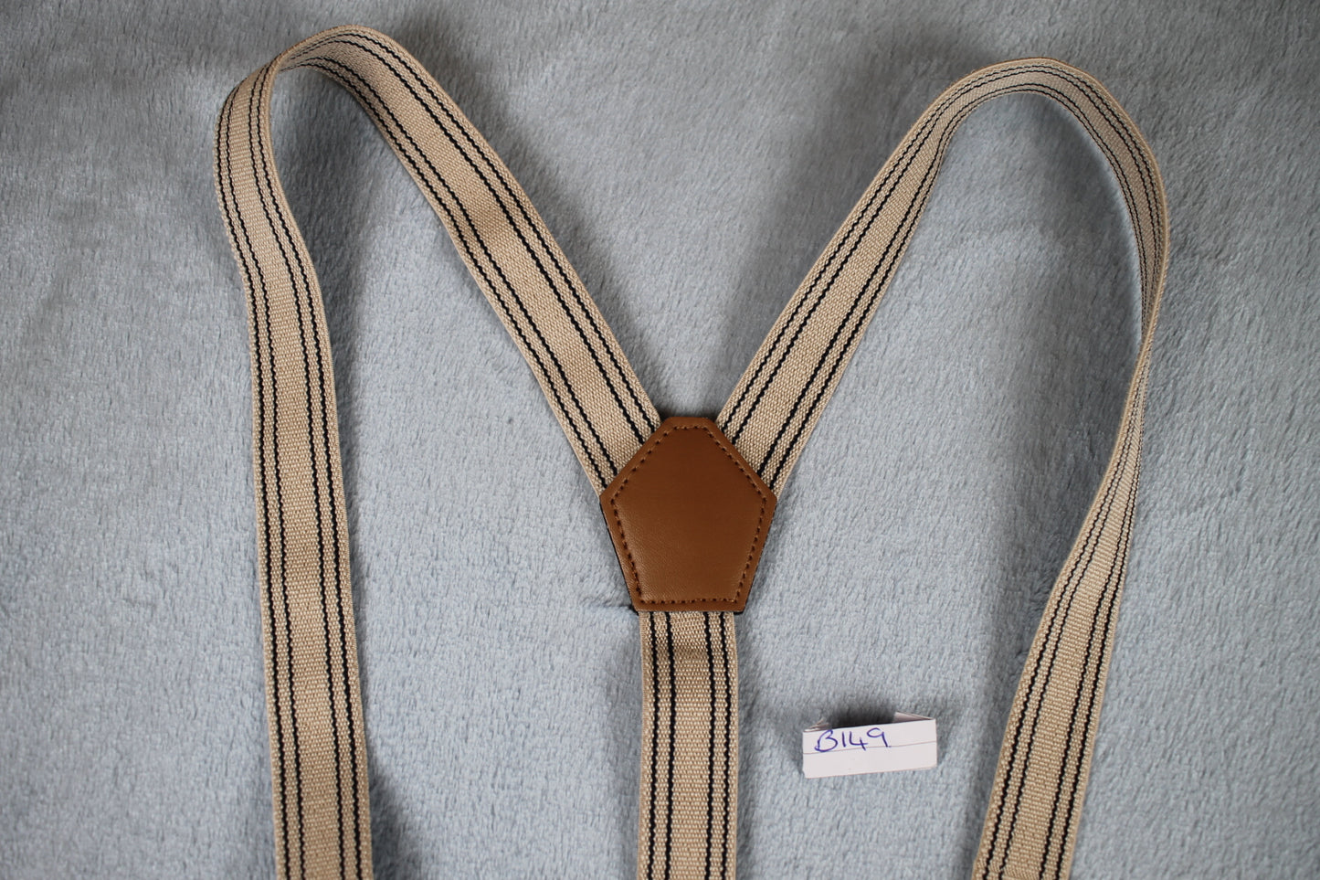 Vintage retro wide leather thong button on elasticated beige striped braces 80s Wall Street