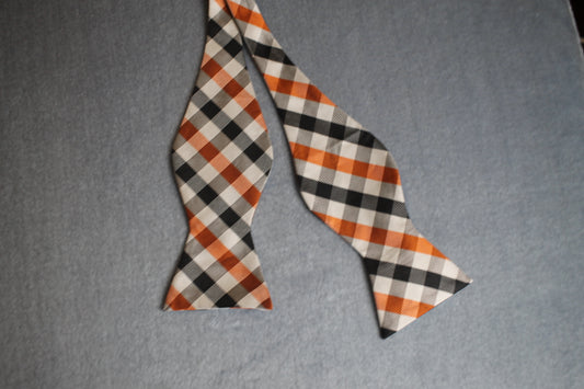 Vintage self tie thistle end orange cream black check pattern bow tie adjustable