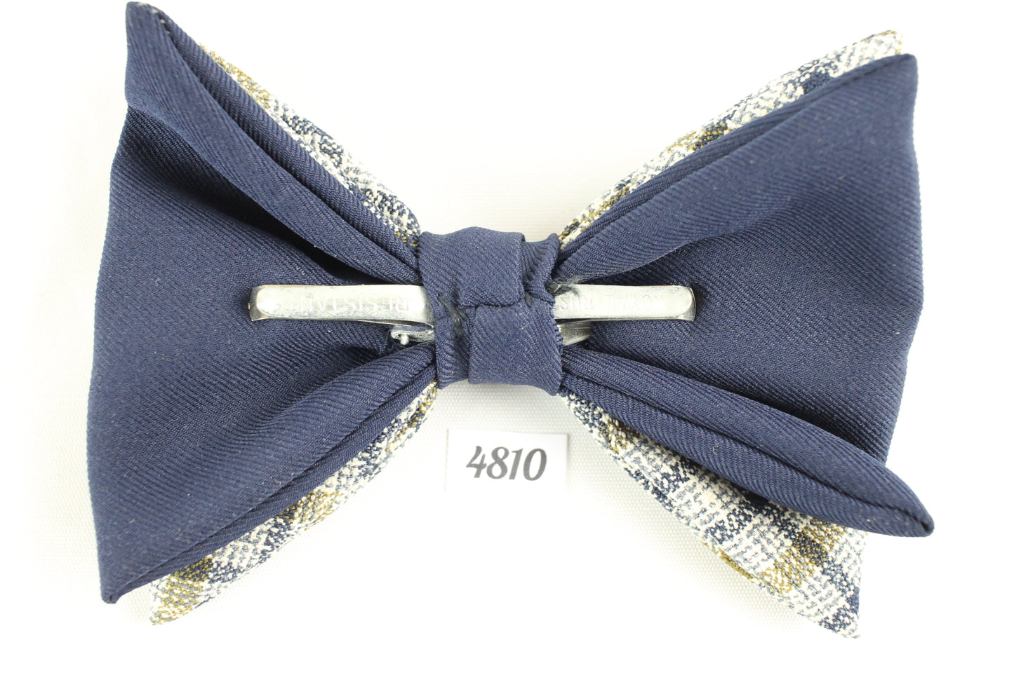 Vintage ivory olive blue plaid 2 tone clip on bow tie