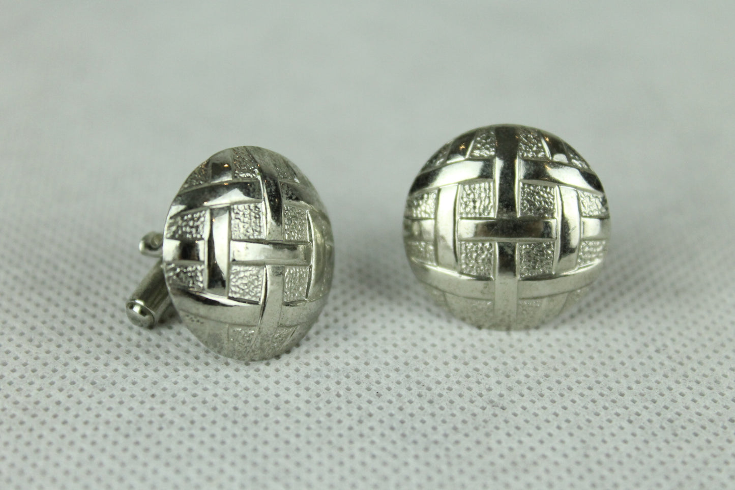 Vintage Silver Basket Weave Large Button Style Cuff Links