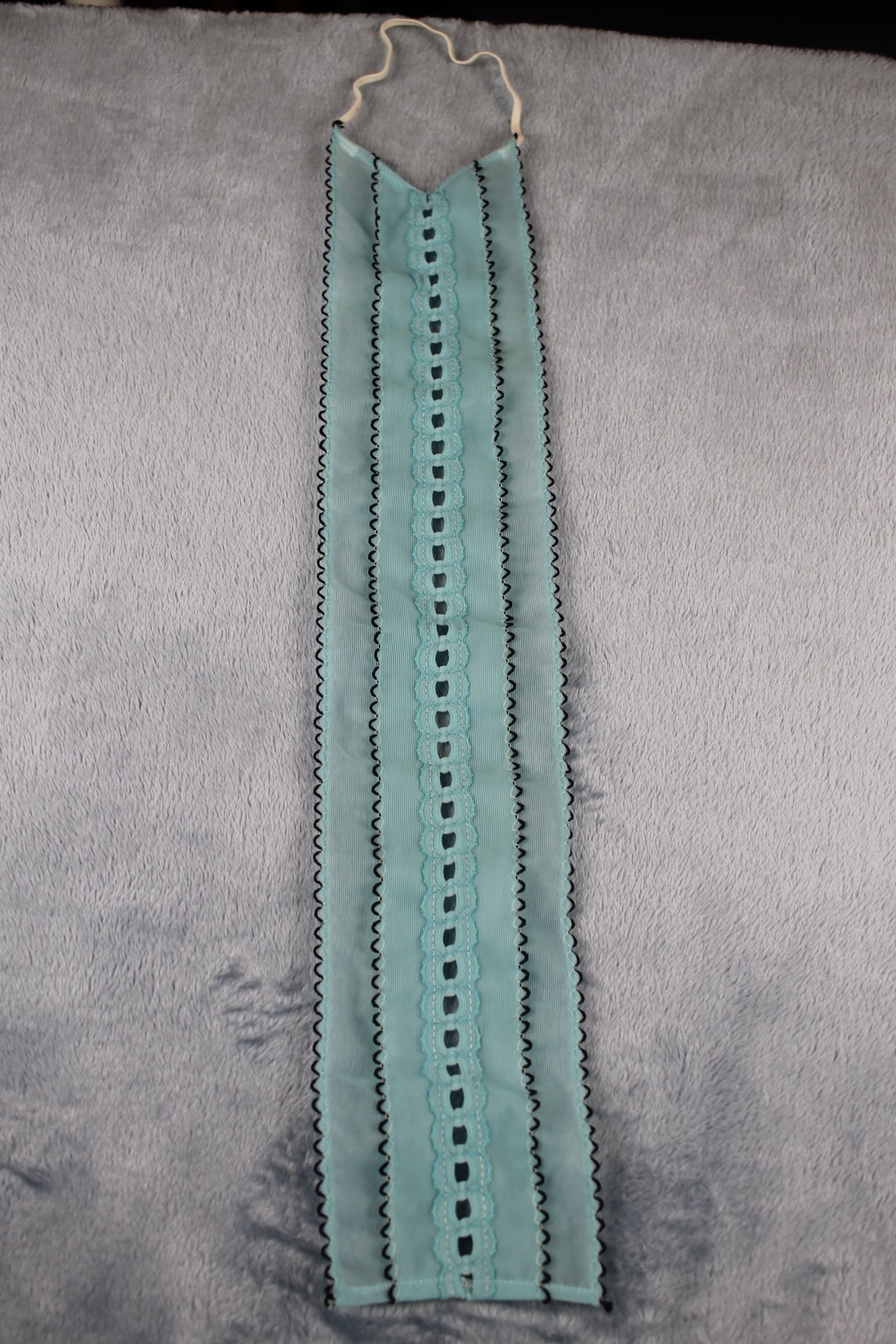 Vintage 1970s light blue black trim elastic neck tie button on shirt ruffle