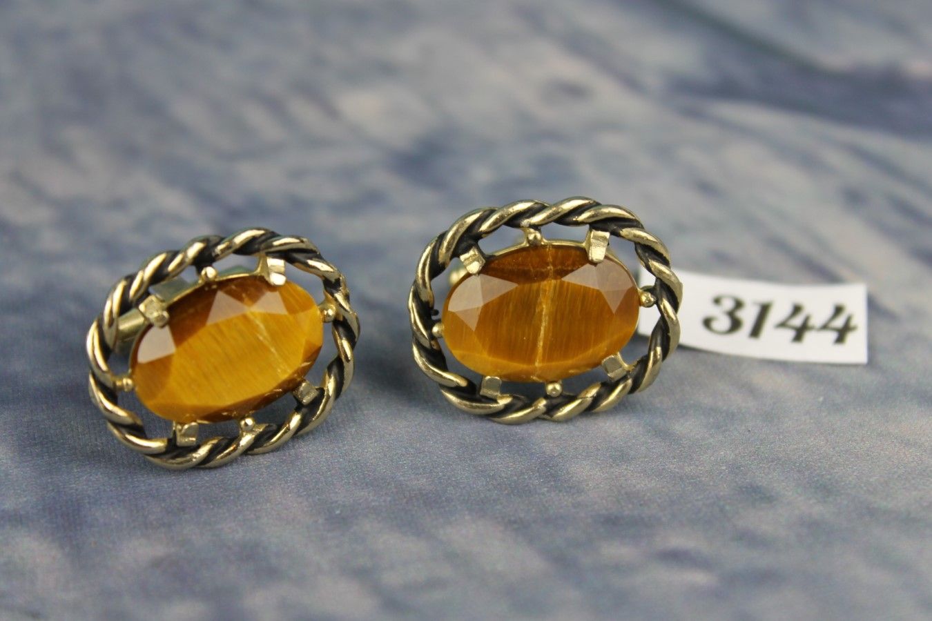 Vintage Large Gold Metal Tigers Eye Stone Cufflinks