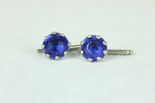 Vintage Silver Metal Blue Lucite Gem Spring Back Cufflinks