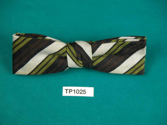 Vintage boy's olive cream brown stripe square end clip on bow tie