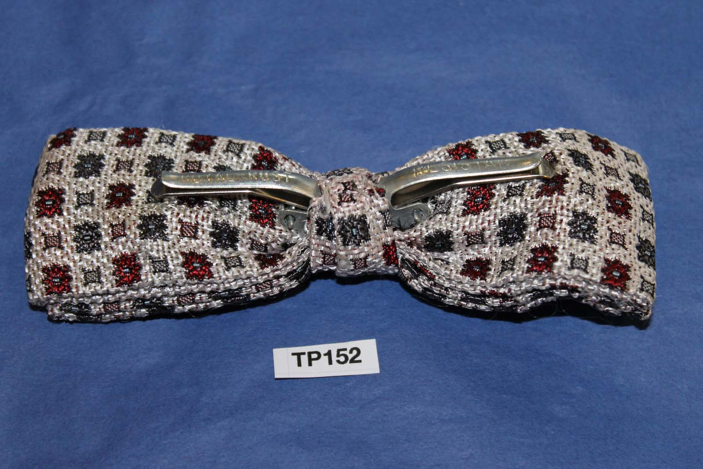 Vintage cream burgundy grey square pattern square end clip on bow tie