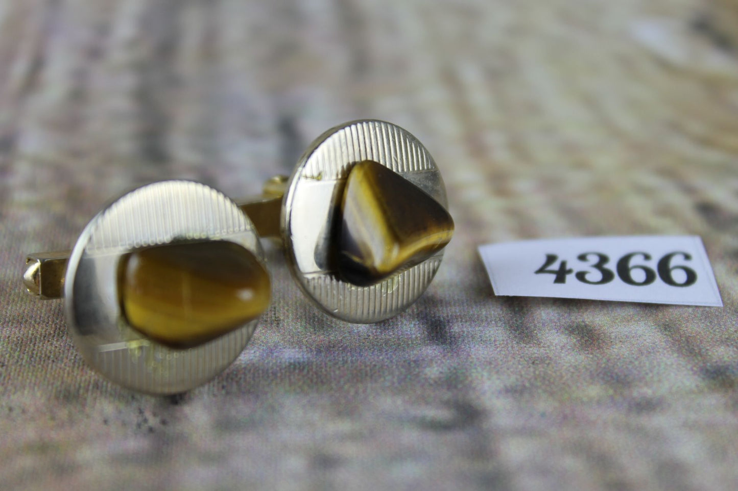 Vintage round gold metal tigers eye stones cuff links