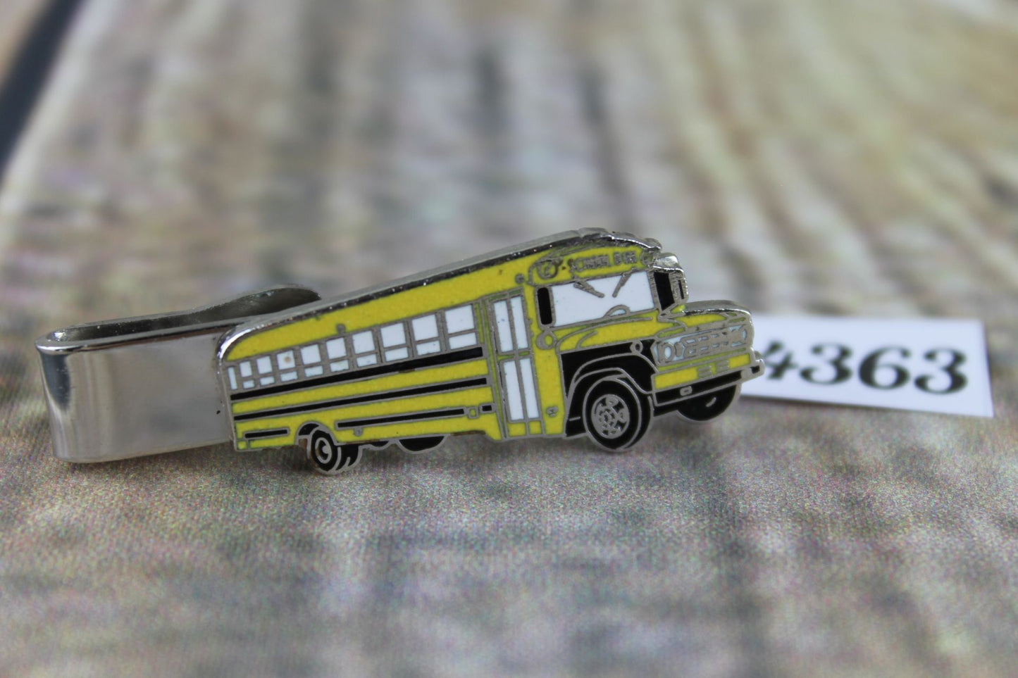 Vintage silver metal enamel large yellow american school bus tie clip