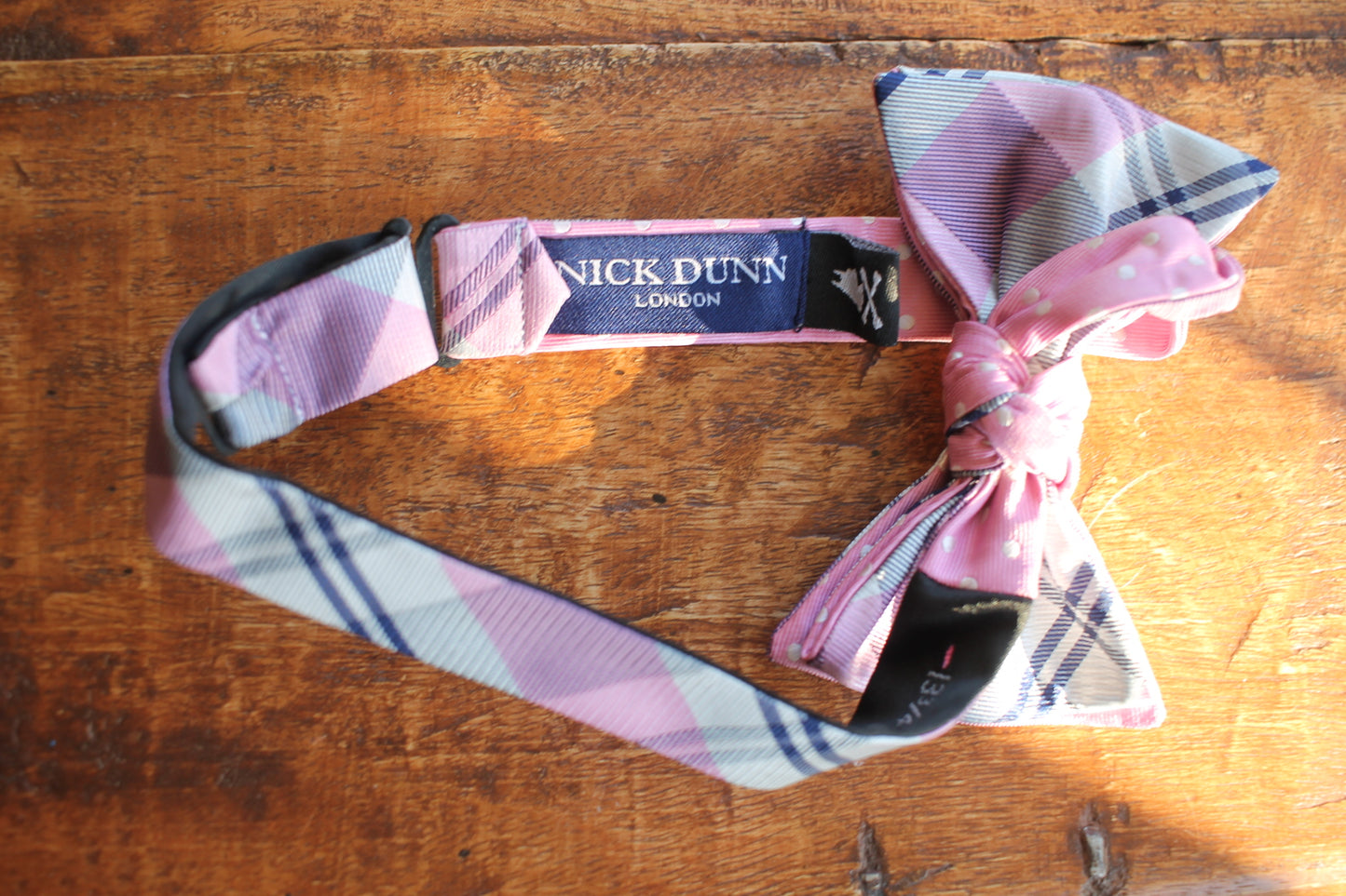 Vintage Nick Dunn pre-tied pink white grey tartan bow tie adjustable
