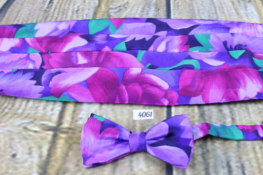 Vintage Tie rack lilac floral multi colour pre-tied bow tie cummerbund set