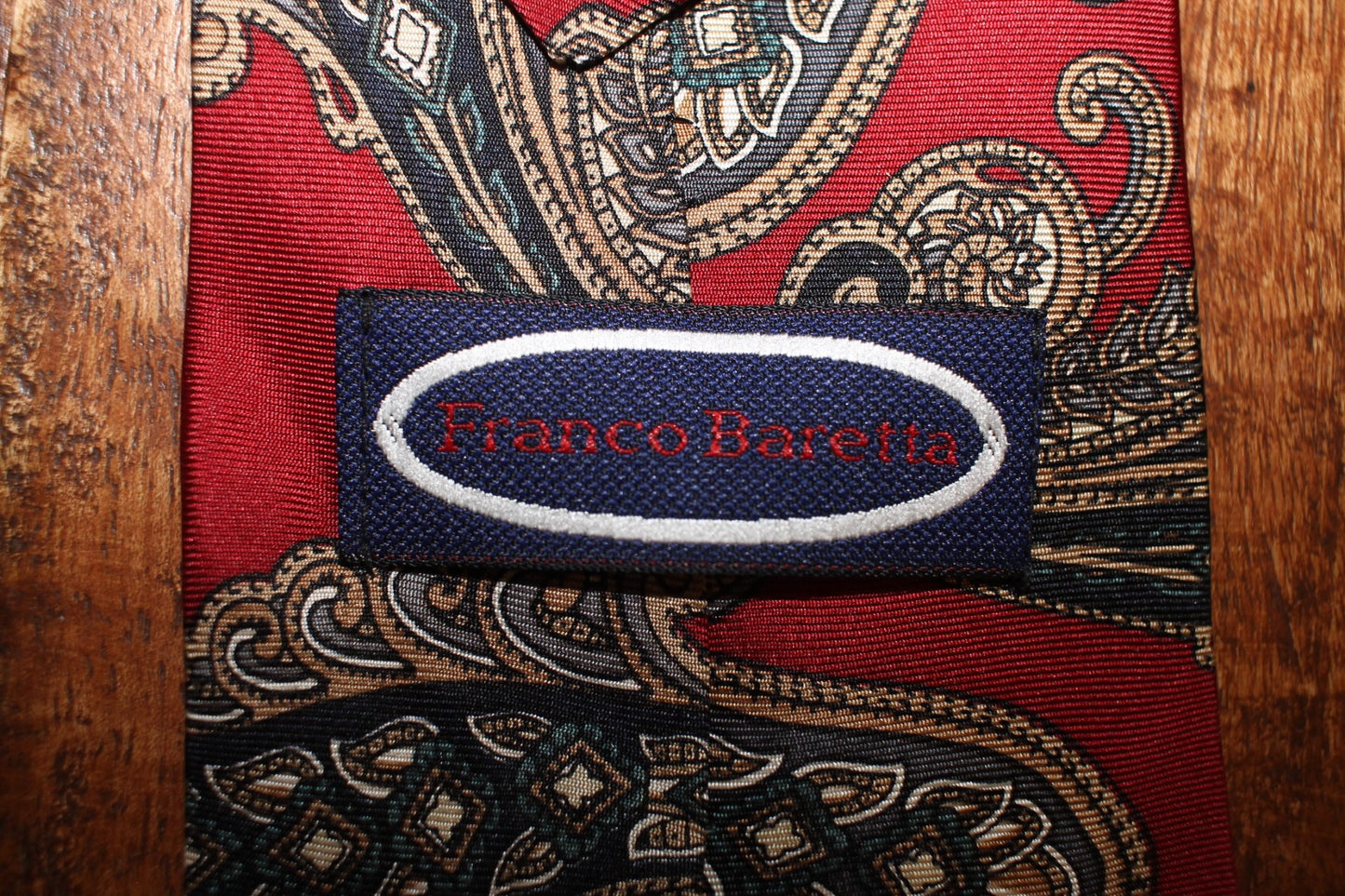 Vintage Franco Baretta 100% silk red gold green paisley pattern tie