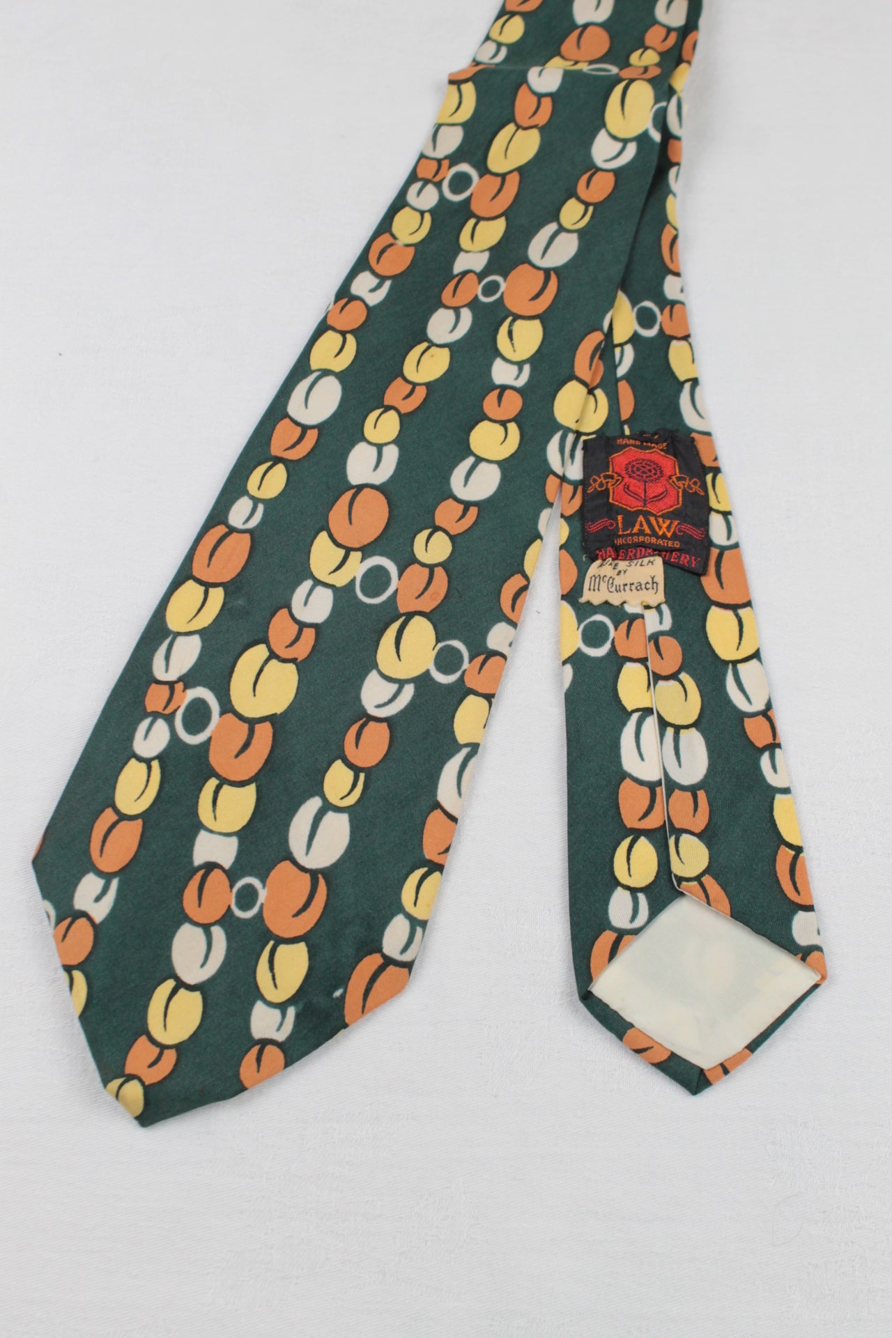 Vintage Law Inc Pure Silk Green Yellow Cream Orange Bead Pattern Swing Tie 1940s/50s