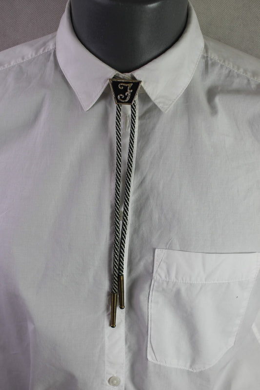 Vintage Enamelled F Bolo Black White Striped Western Cowboy Kentucky String Tie