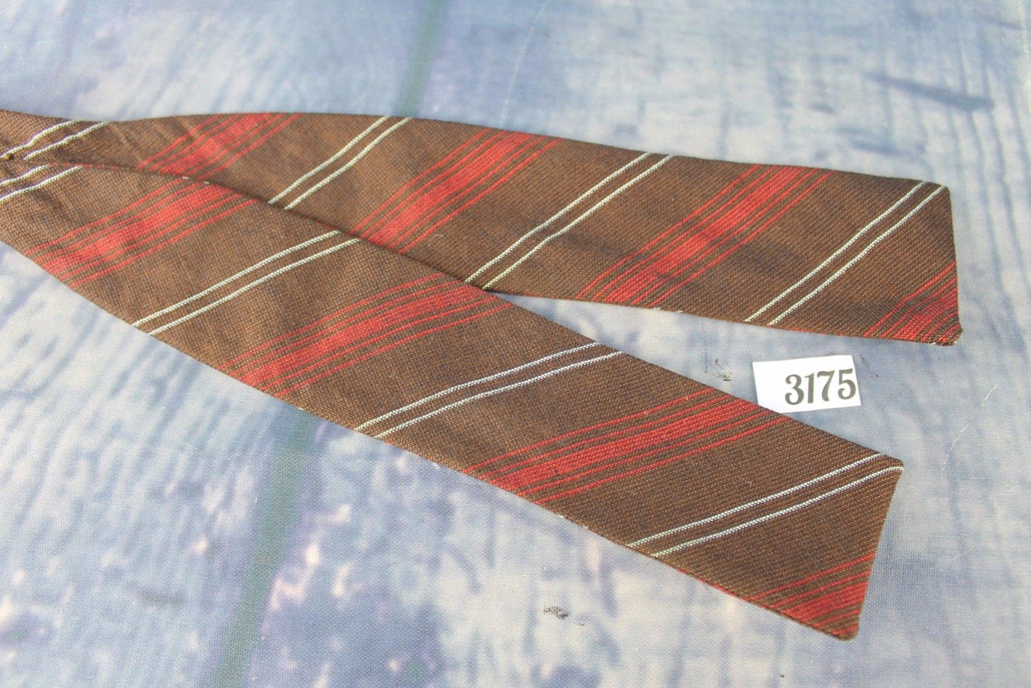 Vintage Weber & Heilbroner Self Tie Adjustable Straight End Skinny Bow Tie Brown Red Ivory Striped