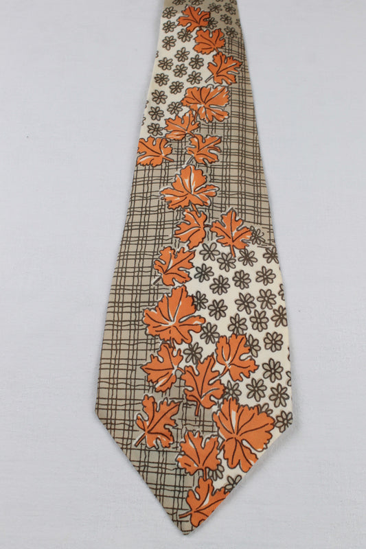 Vintage Gold check Orange Leaves Pattern Swing Tie 1940s/50s