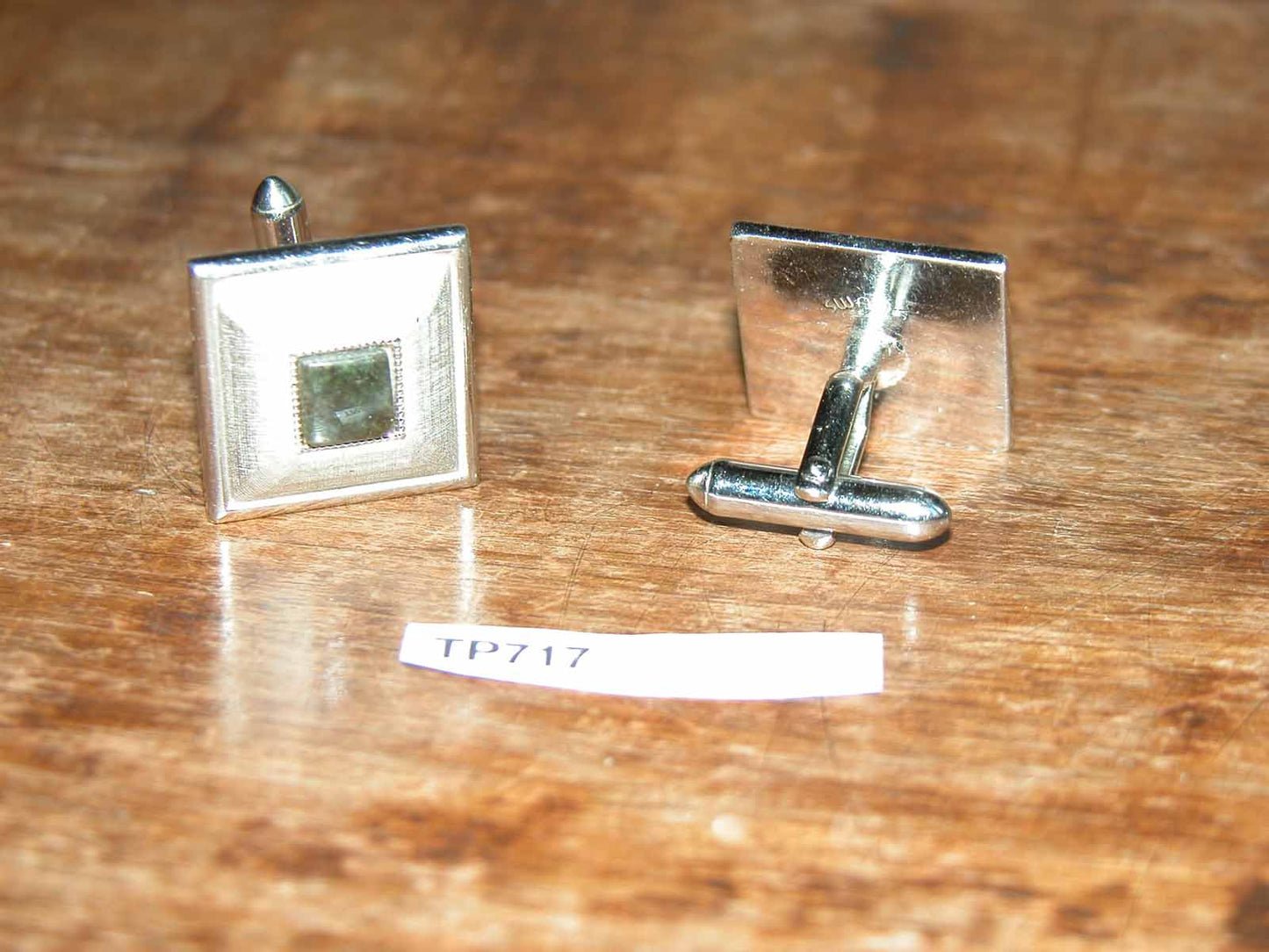 Vintage Swank Square Pyramid with Inset Green Stone Cuff Links