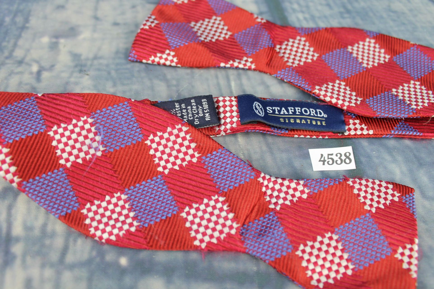 Superb Stafford Squares Pattern Burgundy Ivory Blue Self Tie Square End Thistle Bow Tie