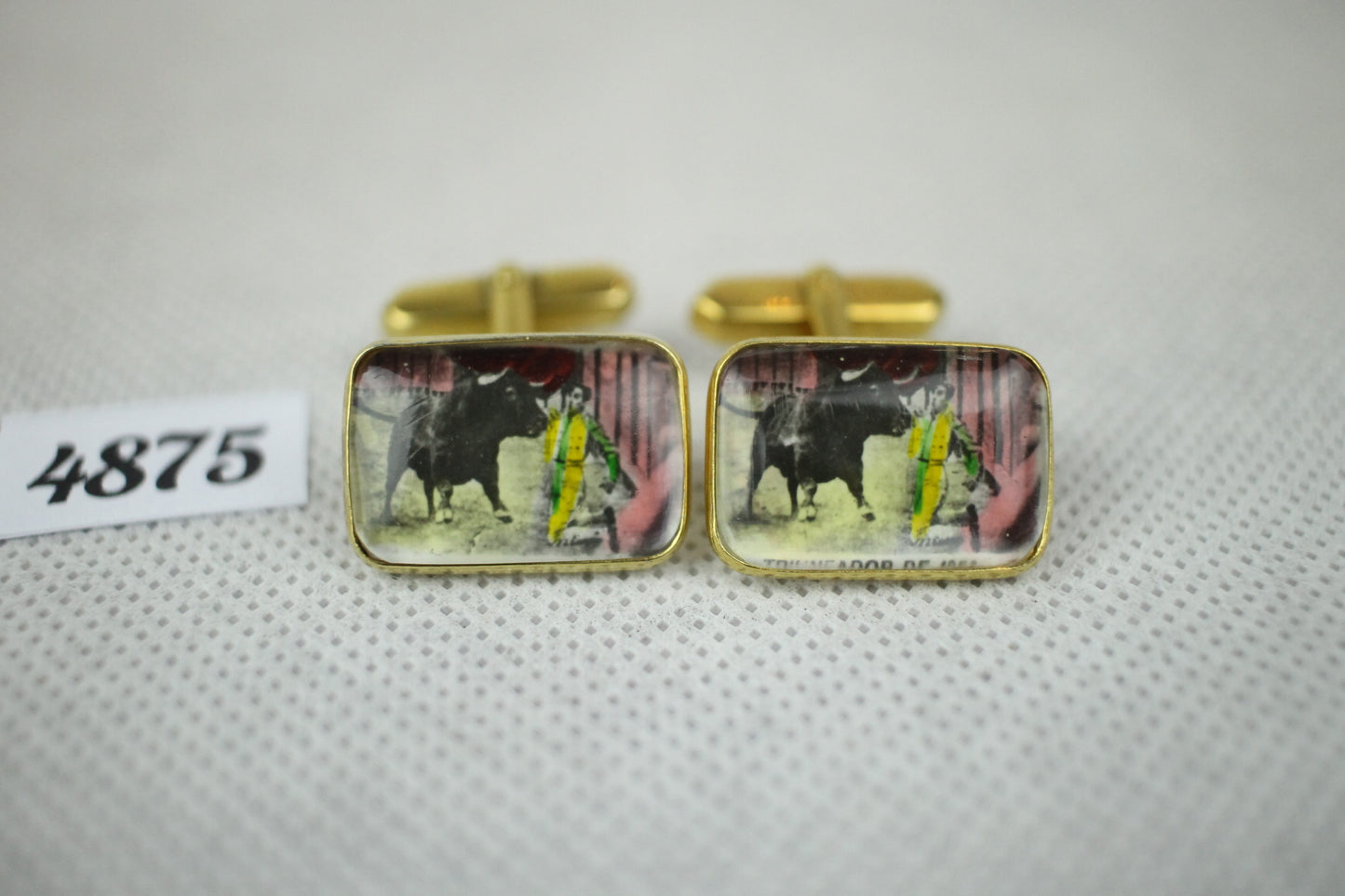 Vintage French Bull Fighter Enamel And Lucite Gold Metal Push Through Cuff Links