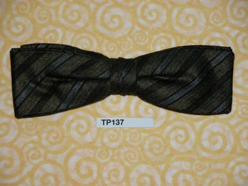 Vintage dark olive black grey stripe clip on bow tie