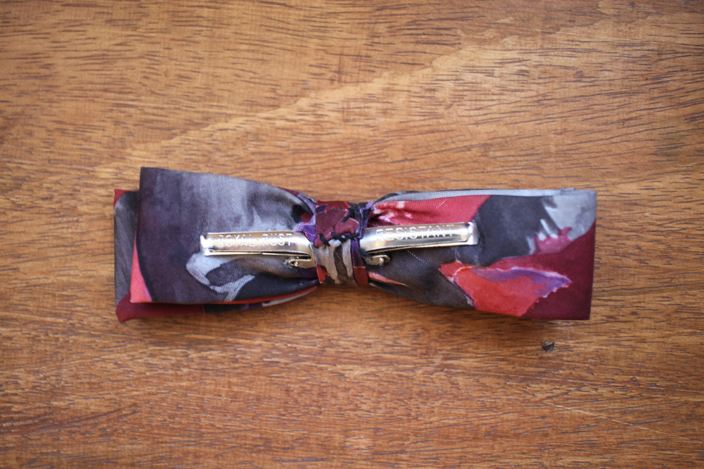 Vintage pre-tied clip on dark red grey pattern bow tie