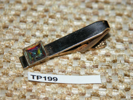 Vintage gold metal iridescent faceted glass stone tie clip