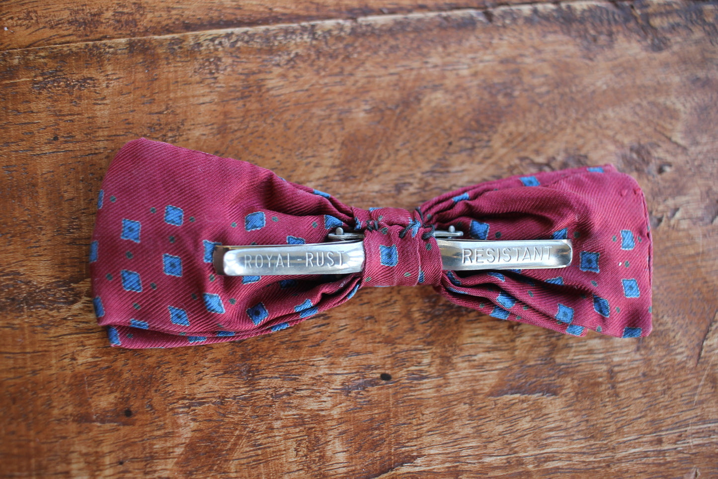 Vintage pre-tied clip on dark red blue squares pattern bow tie