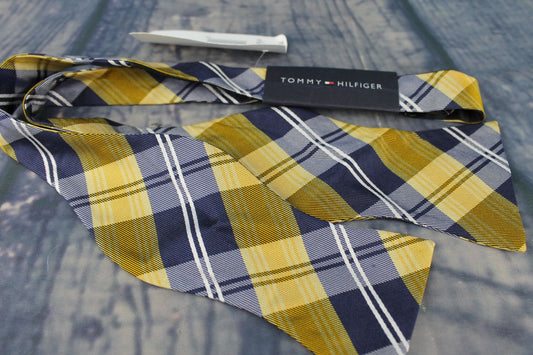 Tommy Hilfiger Navy Gold Plaid Tartan Self Tie Square End Thistle Bow Tie New With Original Tag