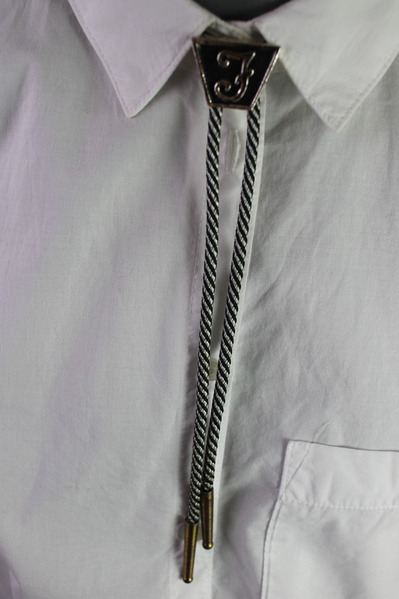 Vintage Enamelled F Bolo Black White Striped Western Cowboy Kentucky String Tie