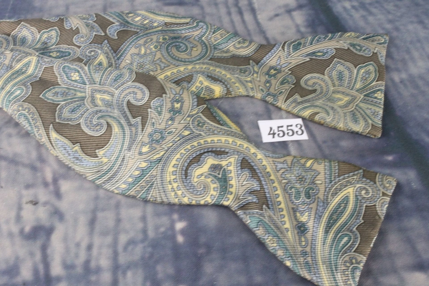 Superb Vintage Hand Block England Copley Blue Taupe paisley Self Tie Square End Thistle Bow Tie