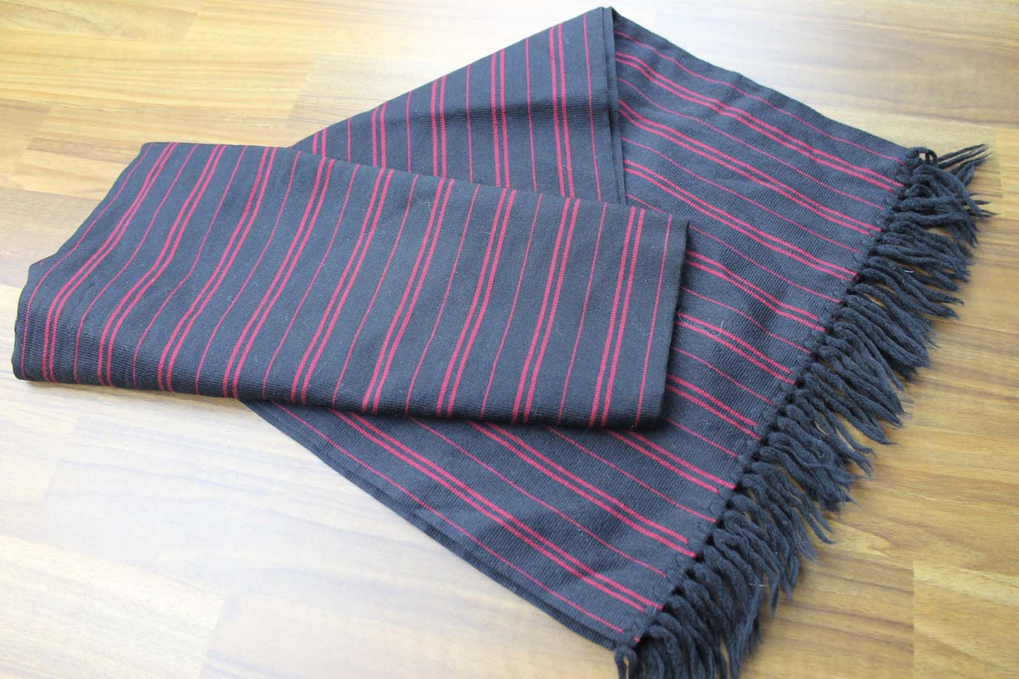 Vintage mens Shubert 100% Wool Burgundy Black Striped Fringed Scarf Retro Mod