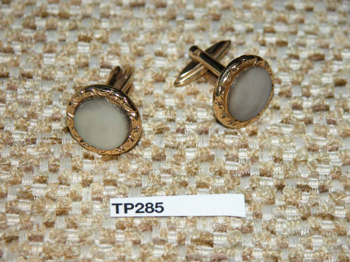 Vintage Cuff Links Gold Metal Grey Pearlised Glass Button Setting