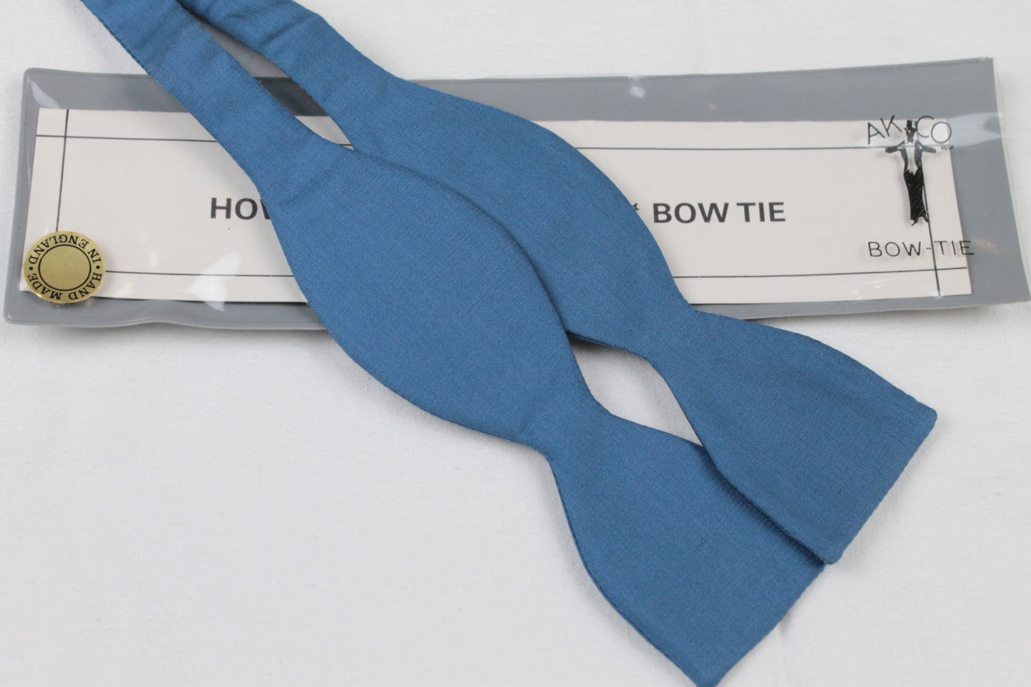 Vintage Akco self tie thistle end all silk denim blue bow tie adjustable