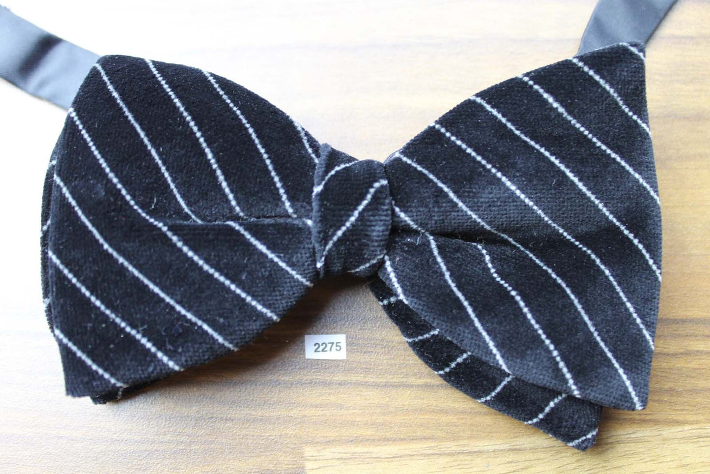 Vintage 1970s Pre Tied Bow Tie Black White Diagonal Stripe Velvet Adjustable