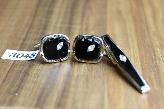 Vintage Gold Metal Black Glass With Diamantes Cuff Links & Tie Clip Set